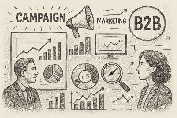 Professional illustration representing How to Measure the Effectiveness of B2B Marketing Campaigns featuring elements rela...