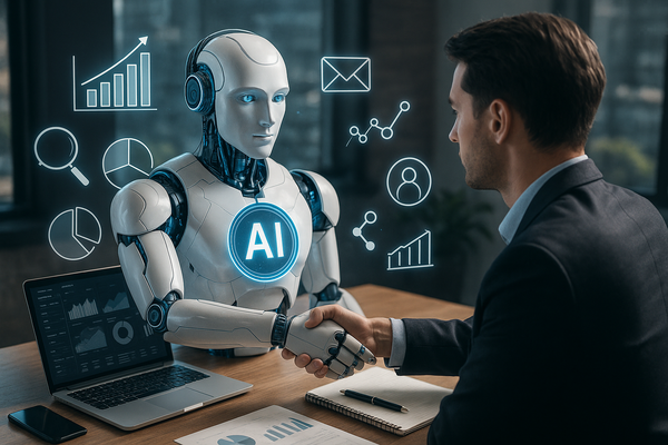 Professional illustration representing How to Integrate AI into Your B2B Marketing Strategy featuring elements related to ...