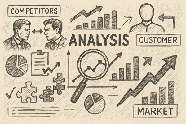 Professional illustration representing How to Conduct an Effective Competitive Analysis for B2B Marketing featuring elemen...