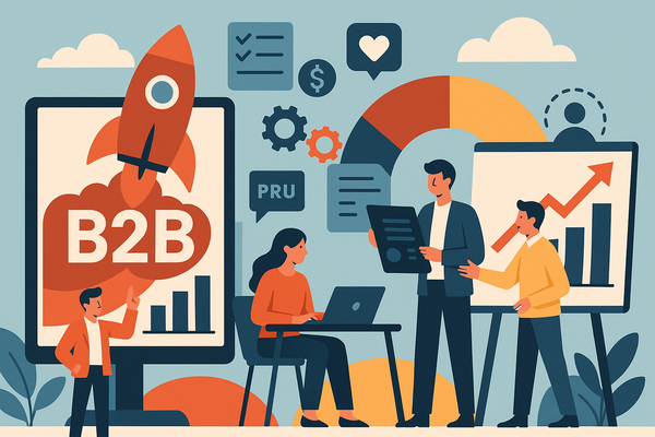 Professional illustration representing Designing a B2B Marketing Plan for Successful Product Launches featuring elements r...