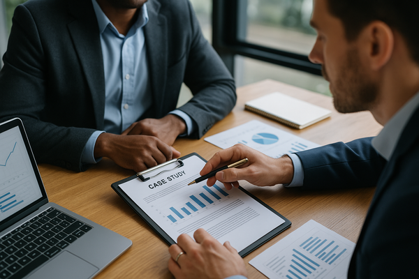 Professional illustration representing How to Create High-Impact B2B Case Studies to Showcase Success featuring elements r...