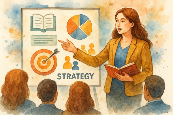 Professional illustration representing How to Develop a B2B Content Strategy Focused on User Education featuring elements ...