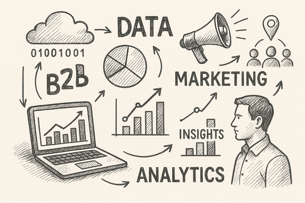 Professional illustration representing Leveraging Data Analytics for B2B Marketing Insights featuring elements related to ...