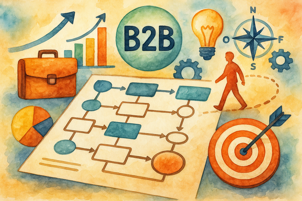 Professional illustration representing Creating a B2B Marketing Framework for Seamless Customer Experiences featuring elem...