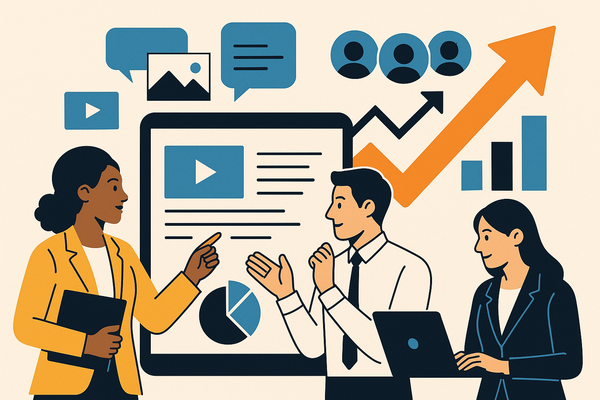 Professional illustration representing Best Practices for Creating Engaging B2B Content Across Channels featuring elements...