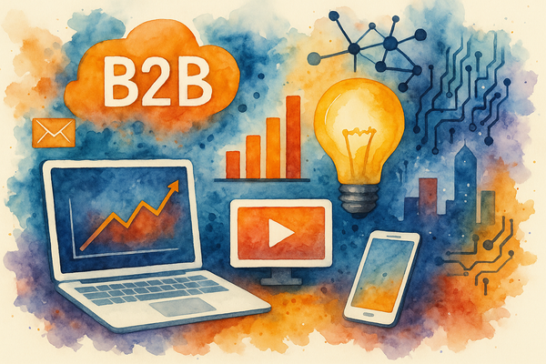 Professional illustration representing Developing a B2B Marketing Strategy for Emerging Technologies featuring elements re...