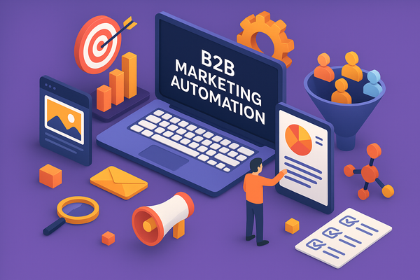 Professional illustration representing Optimizing B2B Marketing Automation for Better Results featuring elements related t...
