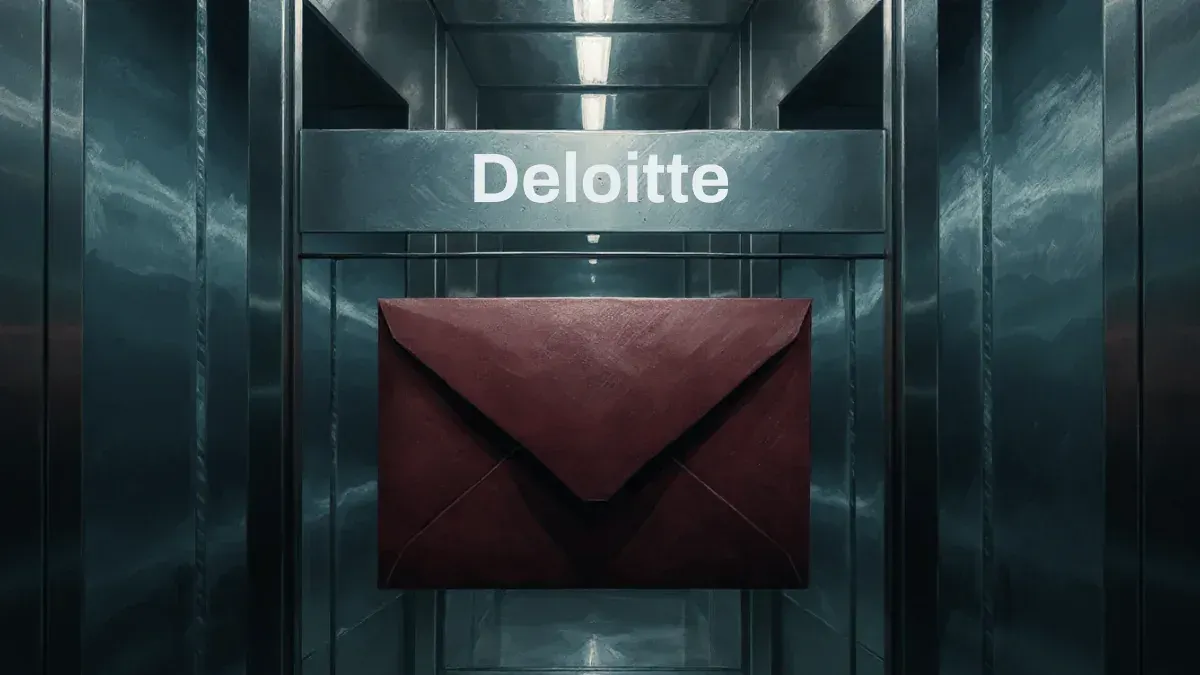 Illustrated envelope outside a consulting office. It represents the unverified Deloitte extortion claim, not a confirmed breach.