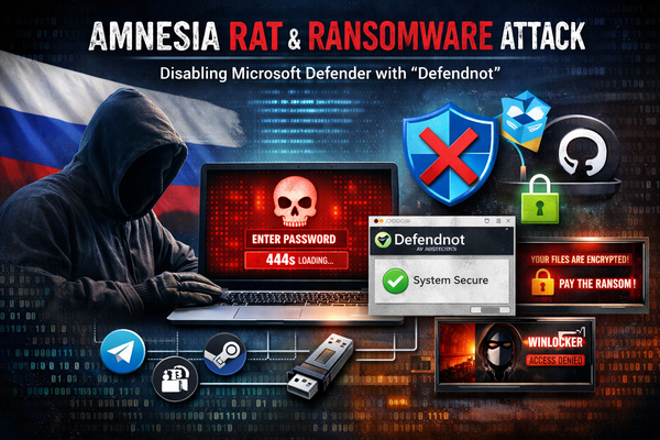 Multi-Stage Campaign Delivers Amnesia RAT and Ransomware Using Defendnot to Disable Microsoft Defender
