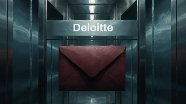 Illustrated envelope outside a consulting office. It represents the unverified Deloitte extortion claim, not a confirmed breach.
