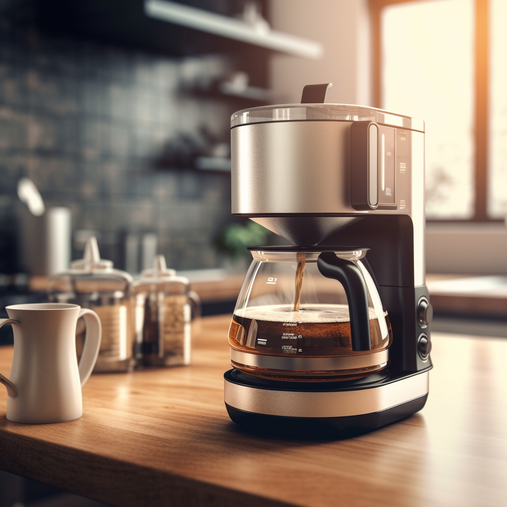 Coffee brewing in a coffee maker on a kitchen counter