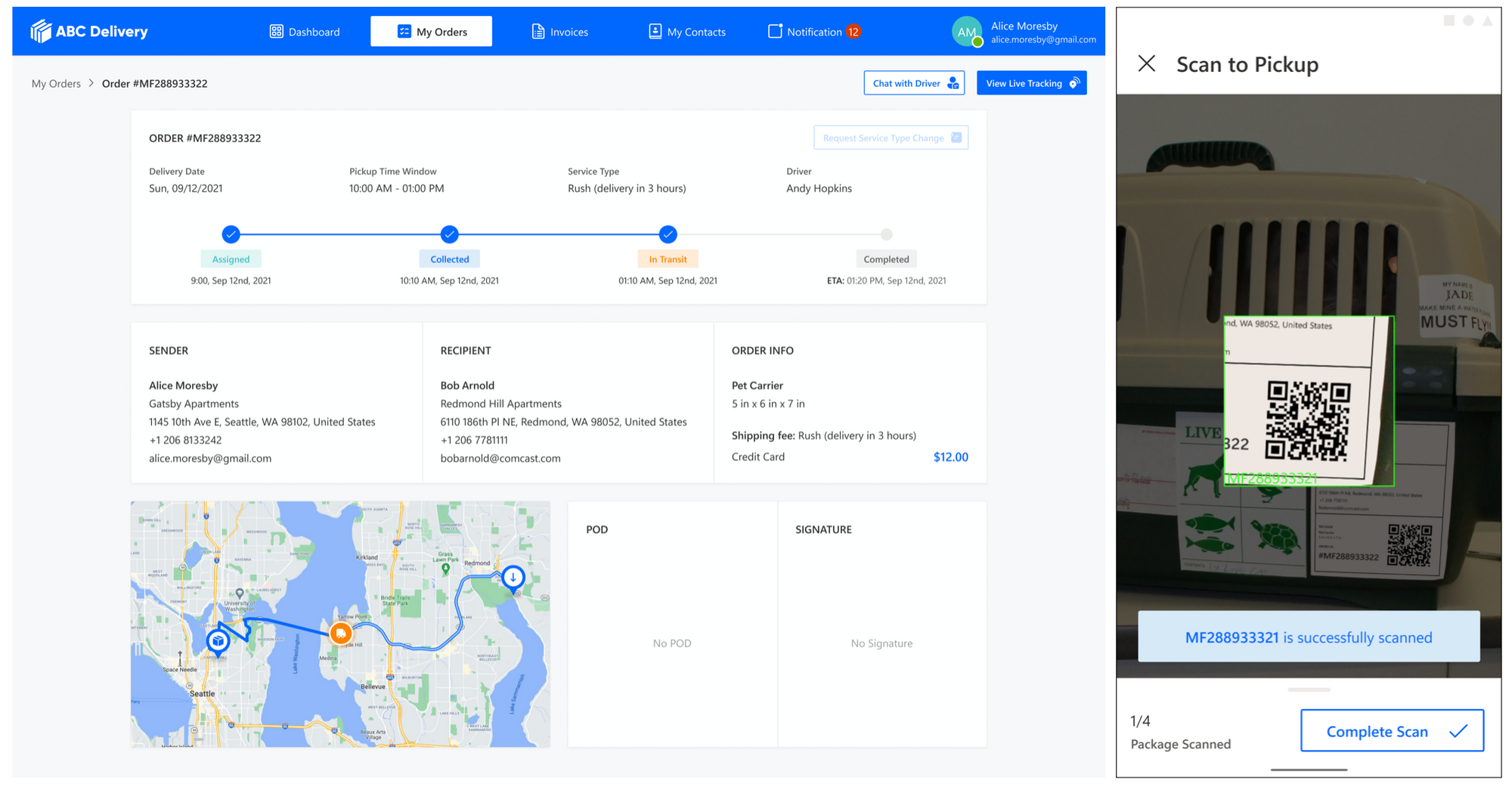 barcode scanning on pickup for track and trace
