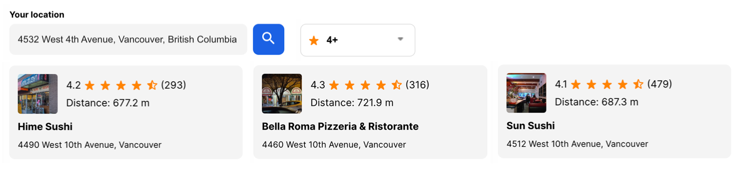 Output from the Google Maps Nearby Search API