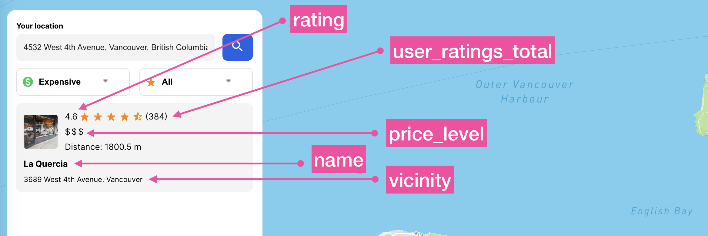 Output of the Google Maps Nearby Search API