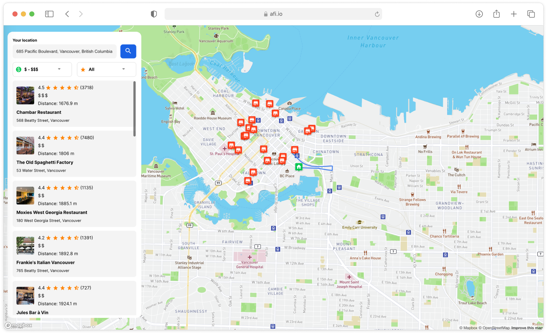 Restaurant search application powered by the OSRM Table API