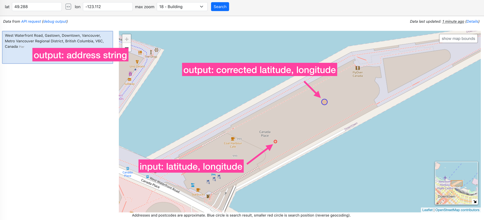 Nominatim reverse geocoding API input and output