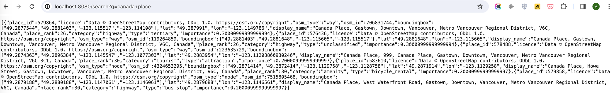 The Nominatim API free geocoding service returning a query result