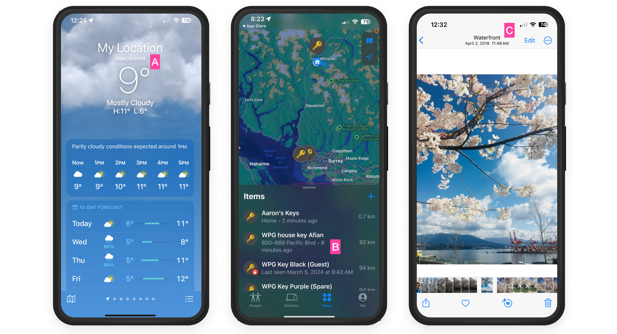 Applications for reverse geocoding include location based services (A), asset tracking (B) and photo geotagging (C)