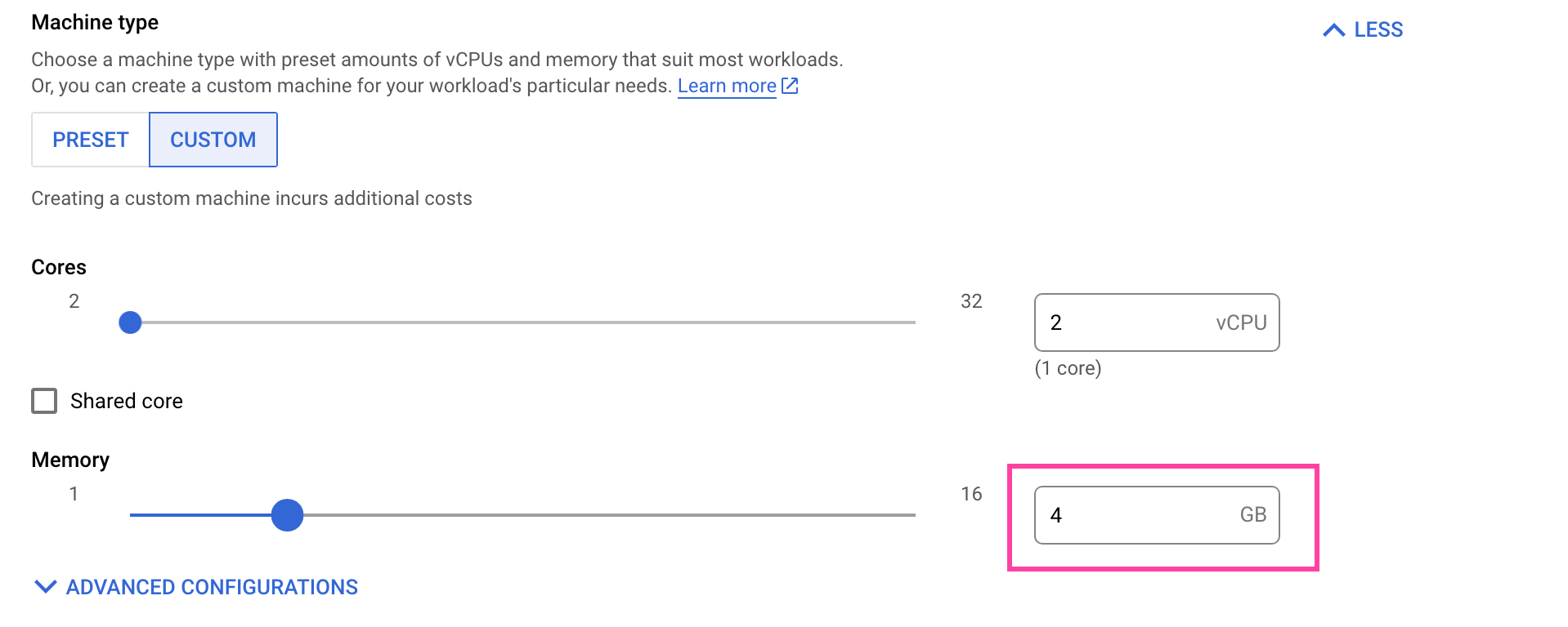 Compute Engine VM configuration (4GB RAM)