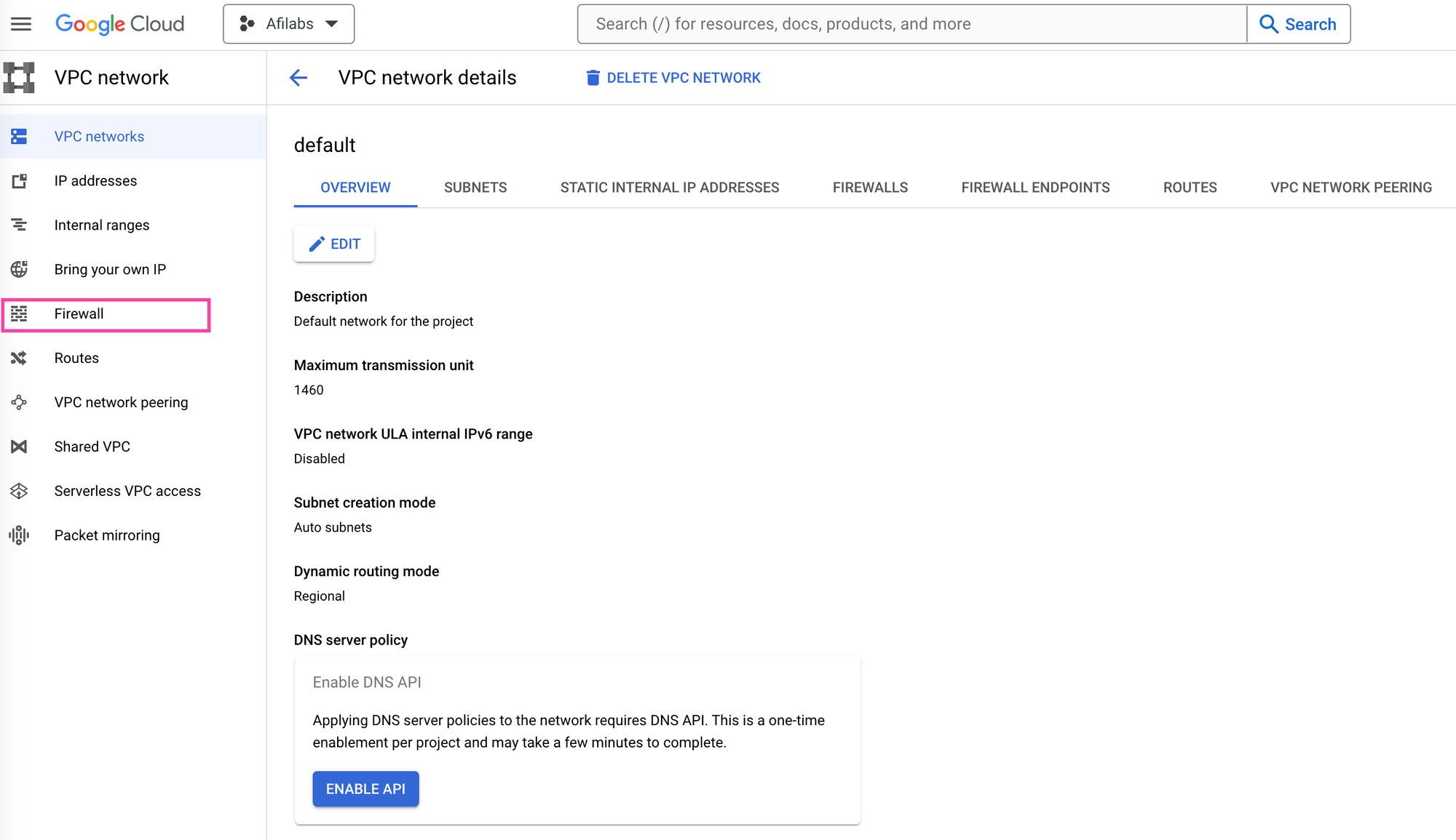 Selecting the firewall menu item