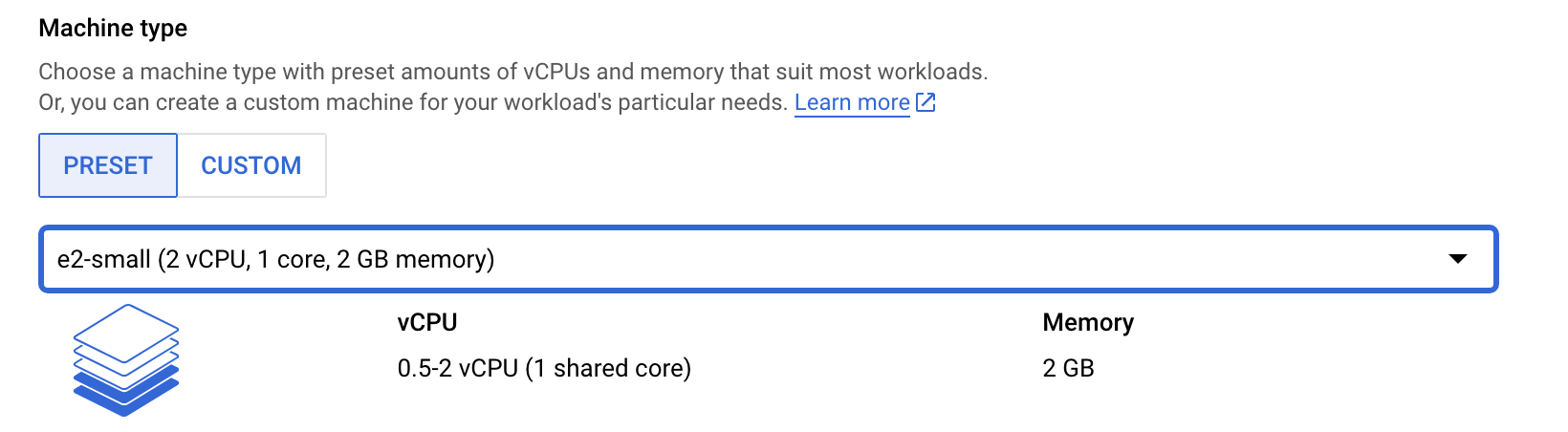 Compute Engine VM configuration (e2-small)