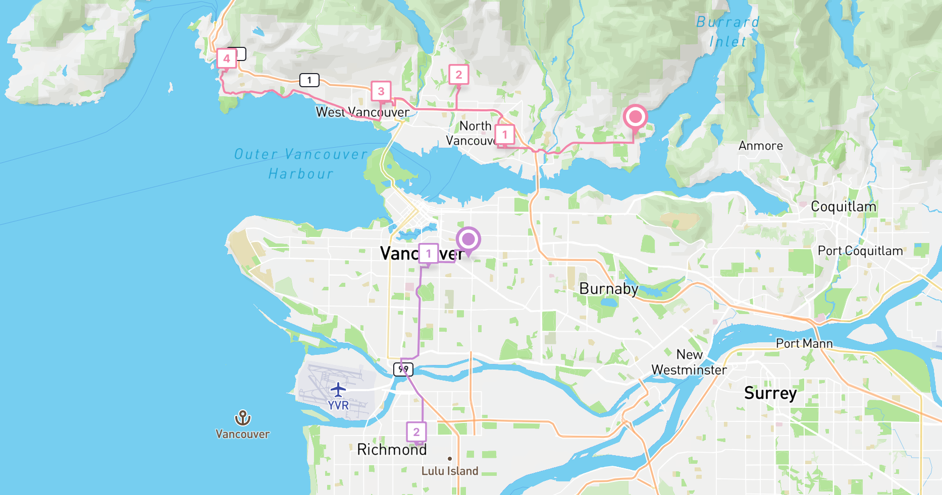 6 visit / 2 vehicle route solution from the Google route optimization API