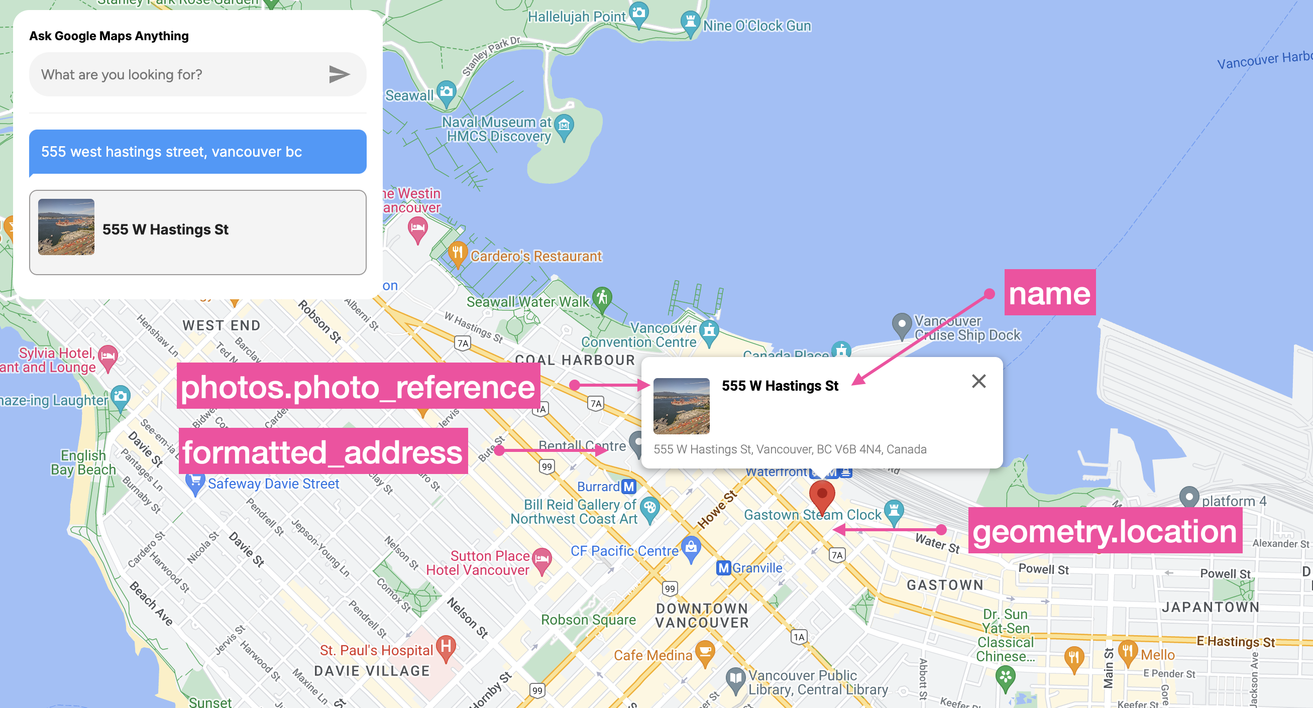 The fields returned by the Google Places Text Search API