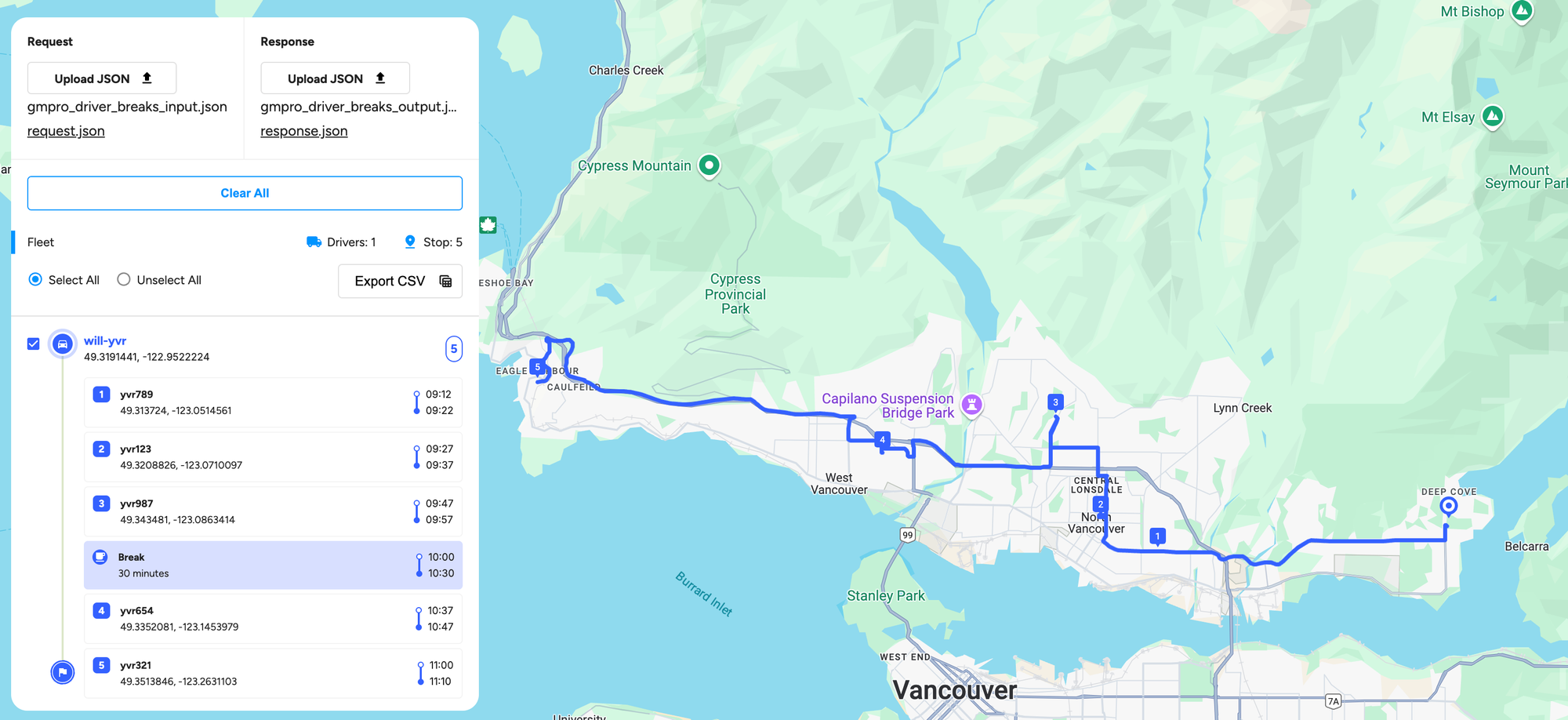 Driver breaks shown as part of a route on the GMPRO-viewer app