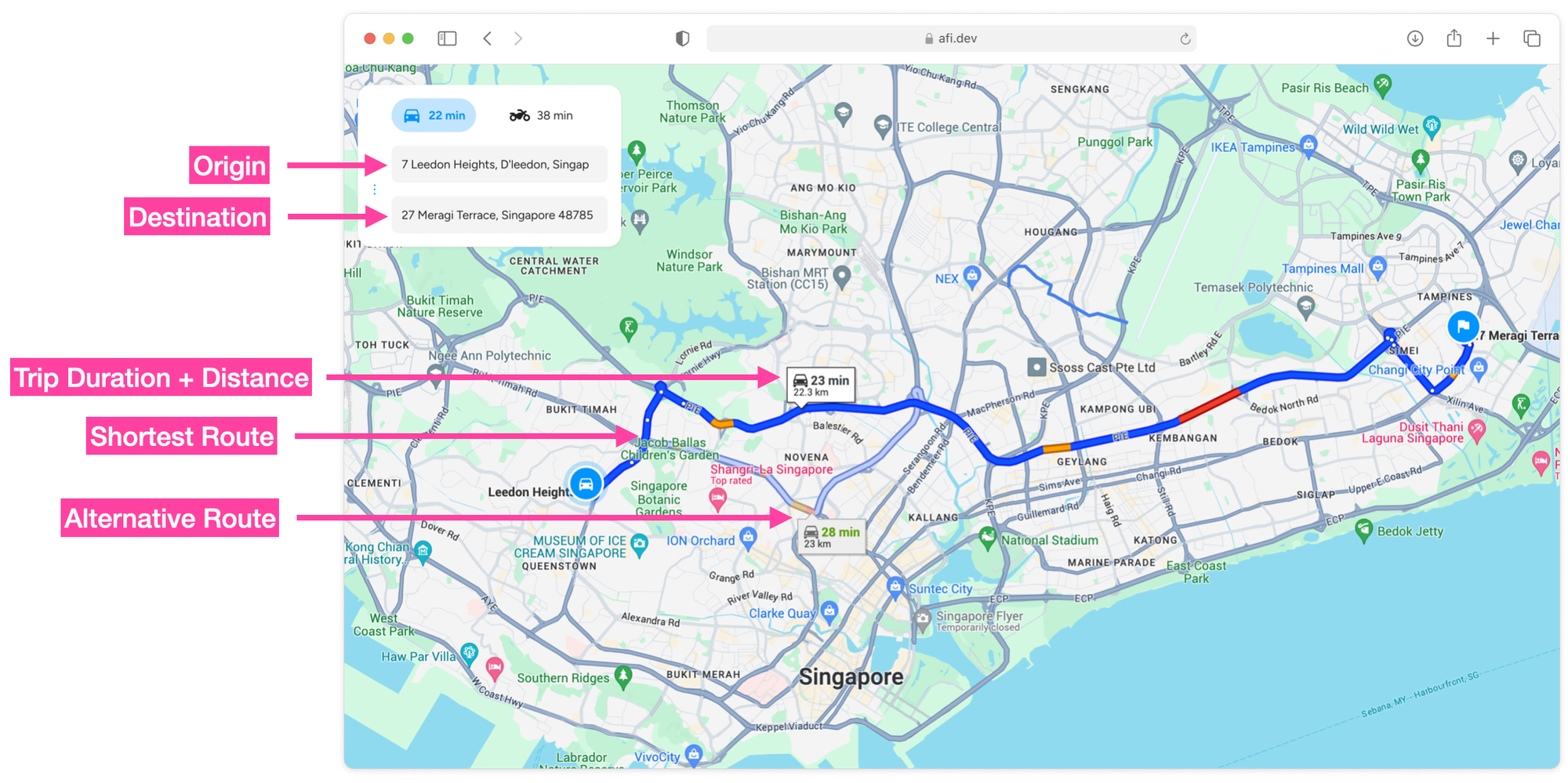 The components of the route polyline returned by the Google Routes API