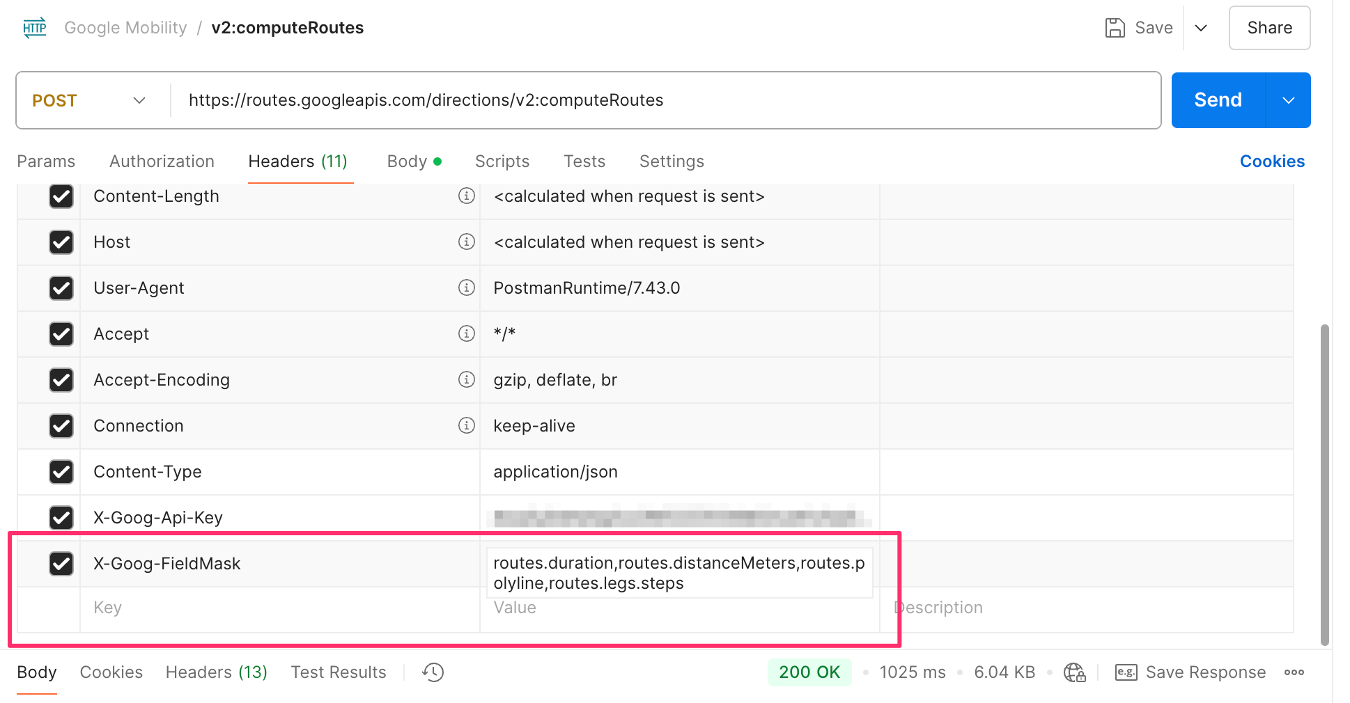 Response field masks used in the Google Routes API