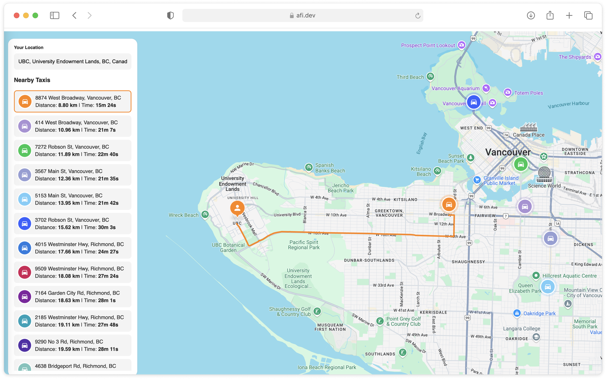 Taxi dispatch system using the Google Distance Matrix API to find the nearest driver