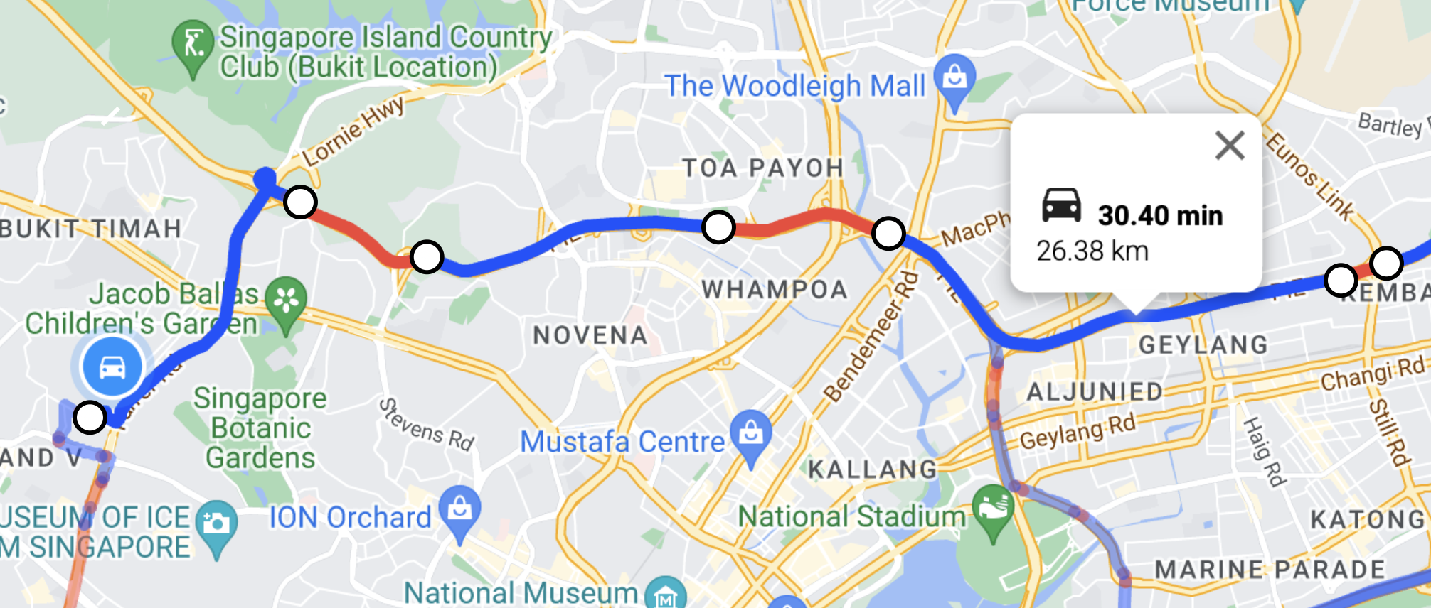 Traffic aware route polyline returned by the Routes API