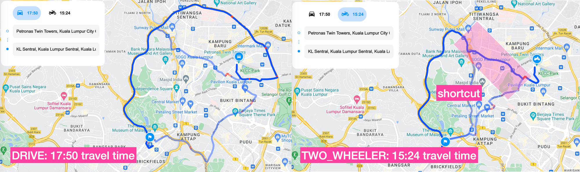 Routes API two wheeler routes compared to standard vehicle routes