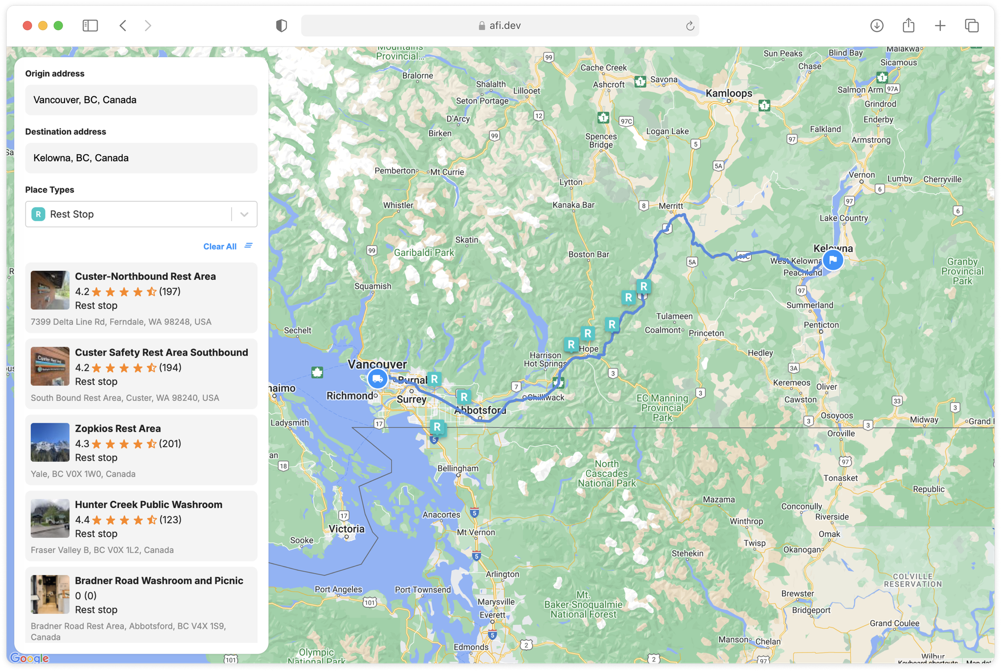 Google Maps Search Along Route example