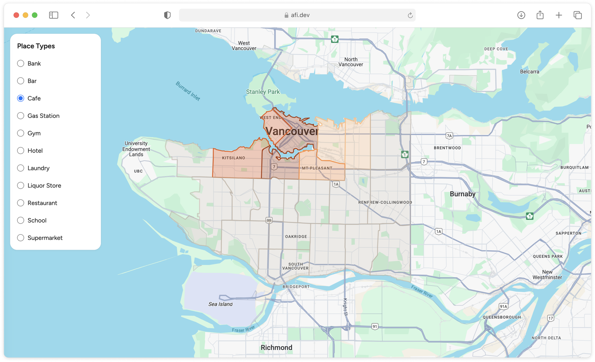 Interactive heat map showing the density and distribution of various places in Vancouver, BC