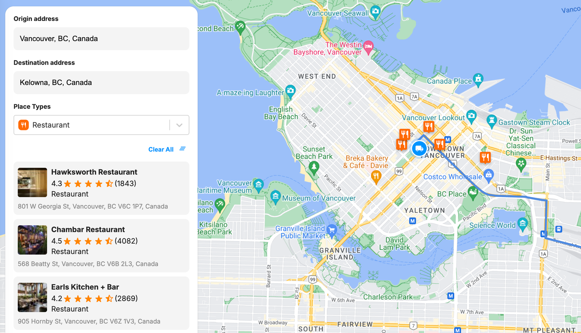 Search results clustered at the start and end of a route