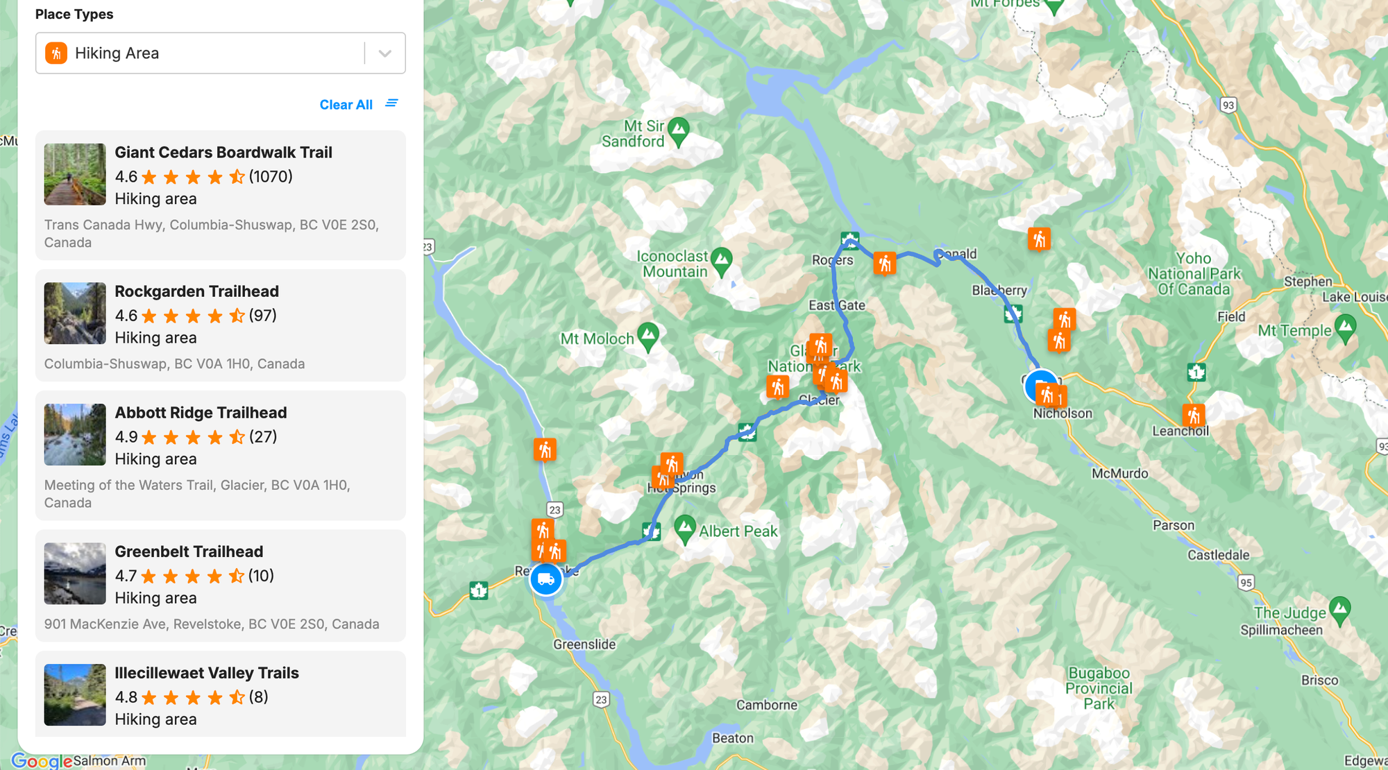 Hiking areas along the route between Revelstoke and Golden in British Columbia