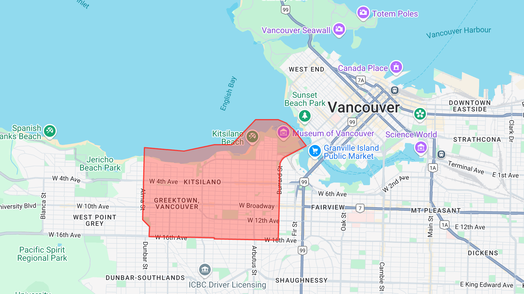 Kitsilano neighborhood boundary colored in red