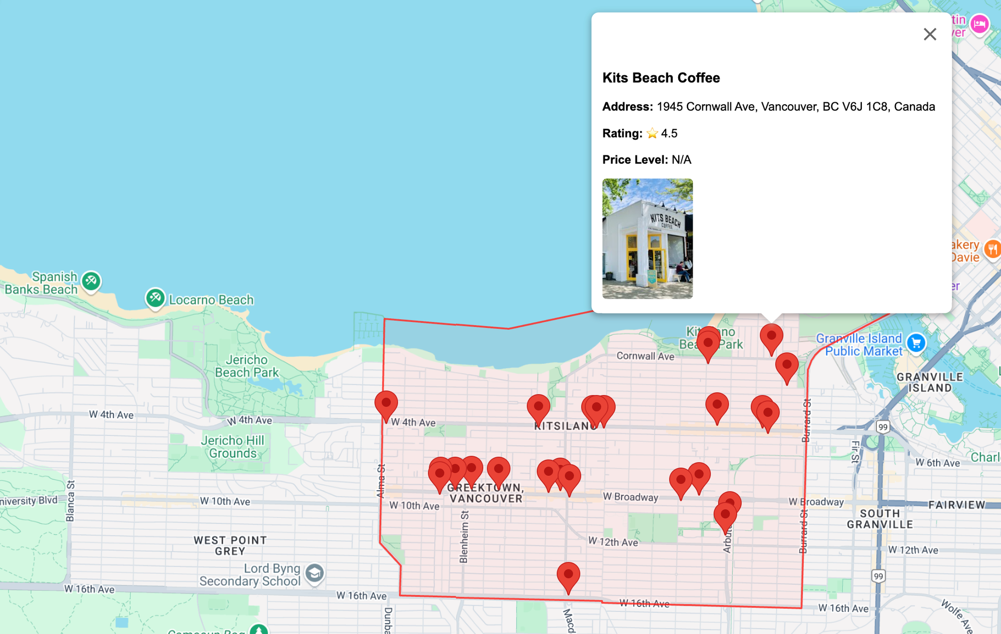 Distribution of cafes in the Kitsilano neighborhood of Vancouver