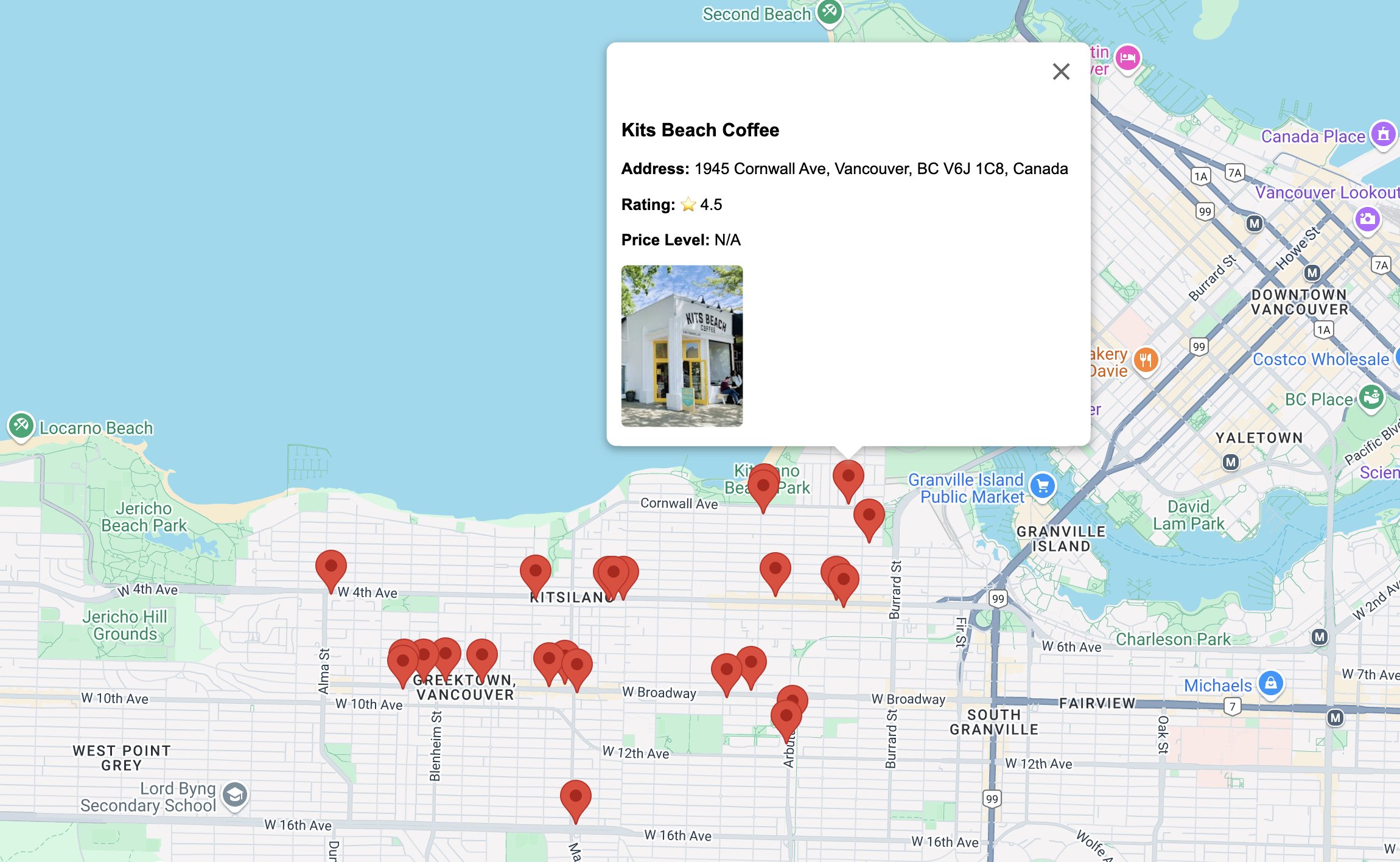 Adding place markers to coffee shop locations in the Kitsilano neighborhood of Vancouver