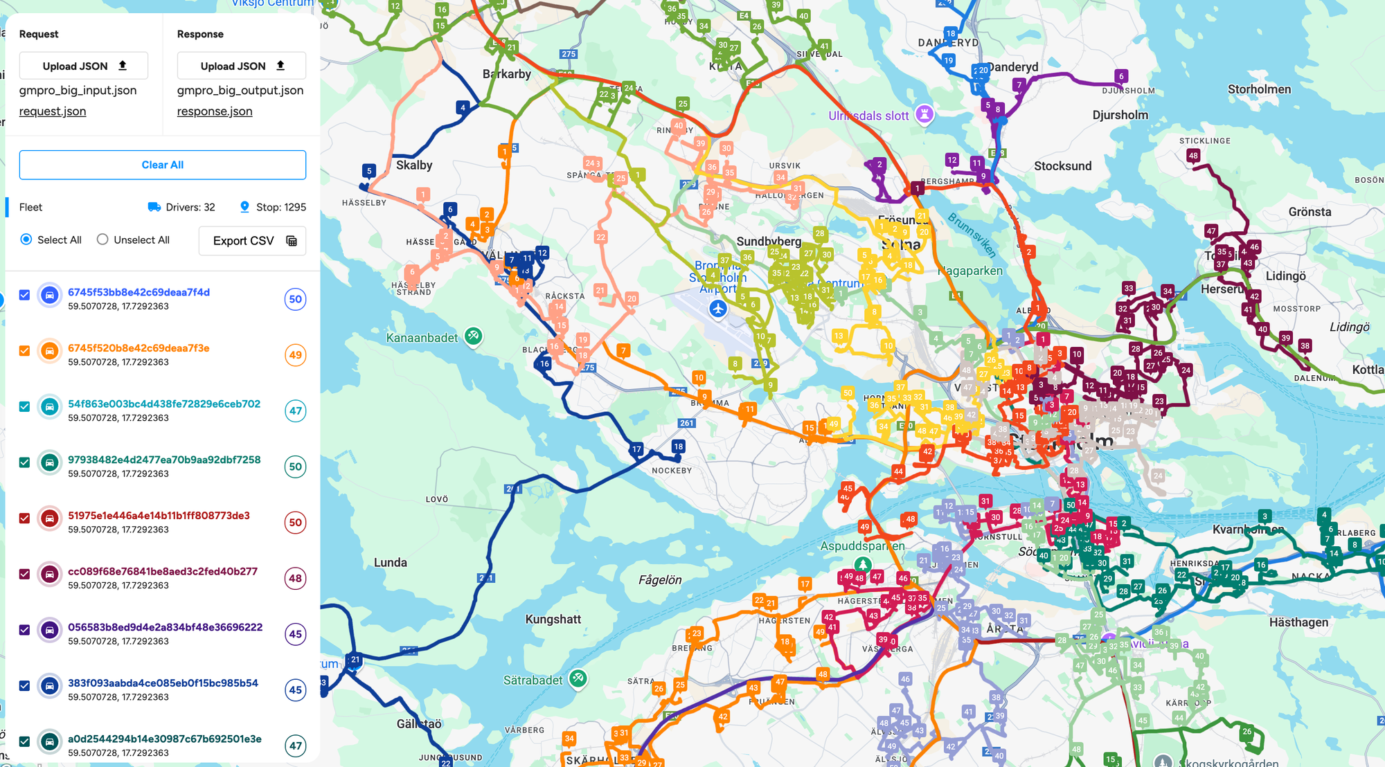 Typical run time for a 1295 shipment / 32 vehicle GMPRO optimization is between 10 -1 5 sec.