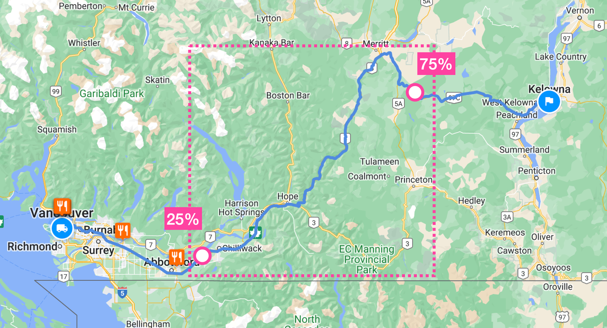 The bounding box taken from the middle 50% of our route