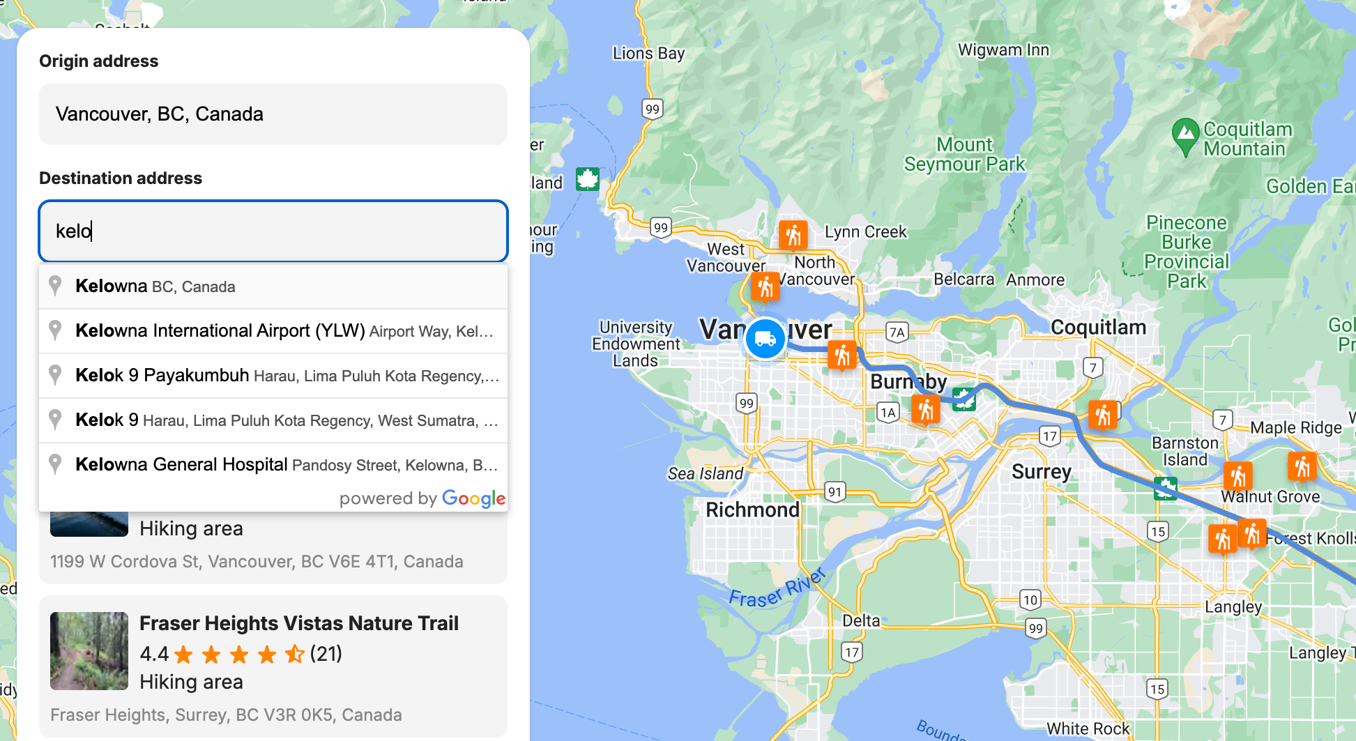 Google Places Autocomplete used to retrieve the start and end points of our route