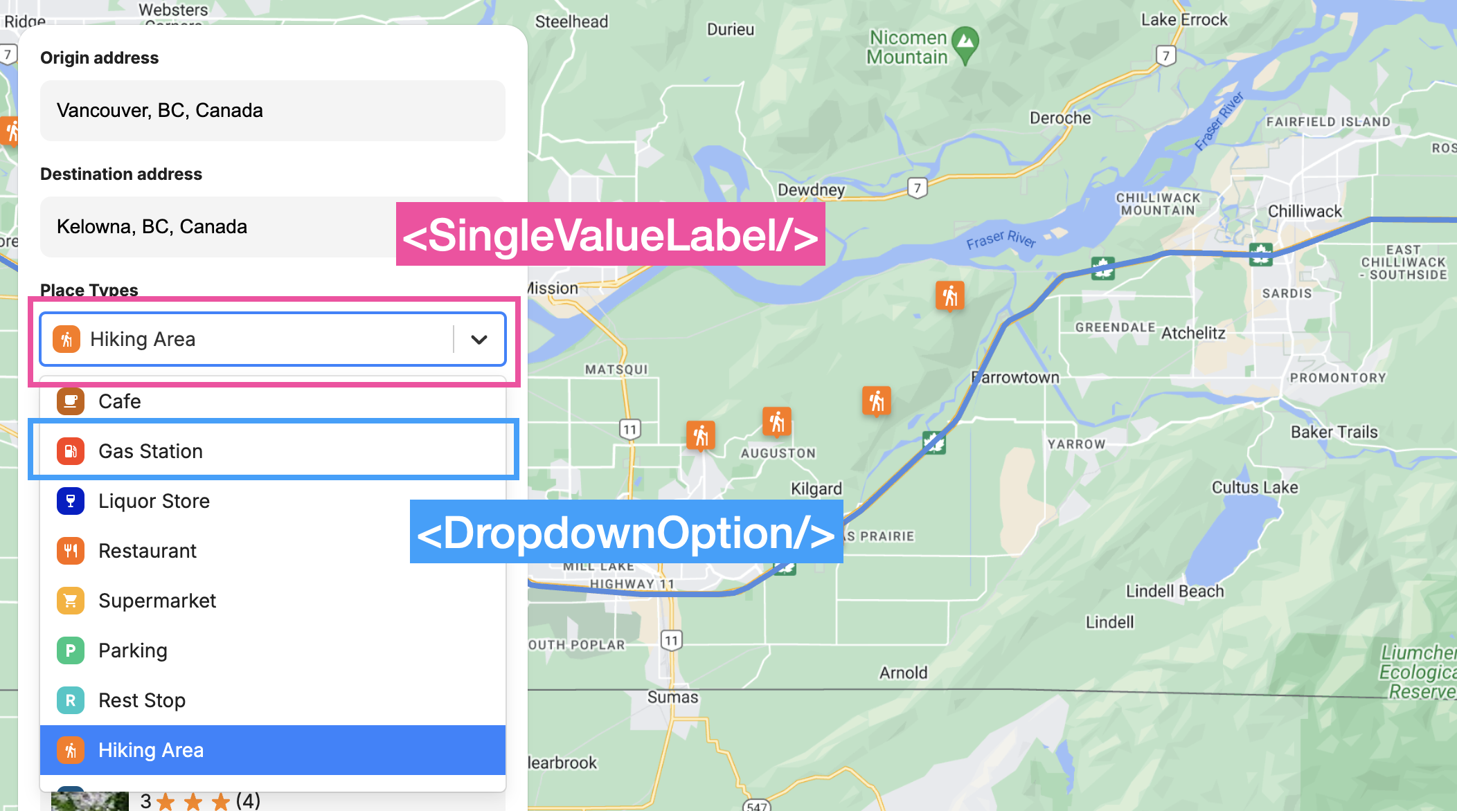 Different components of the react select dropdown