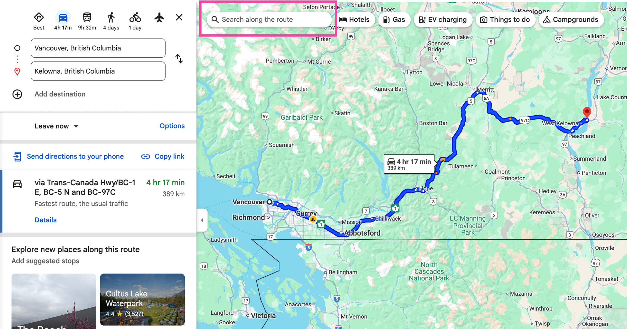 Click the search along the route box on the top left