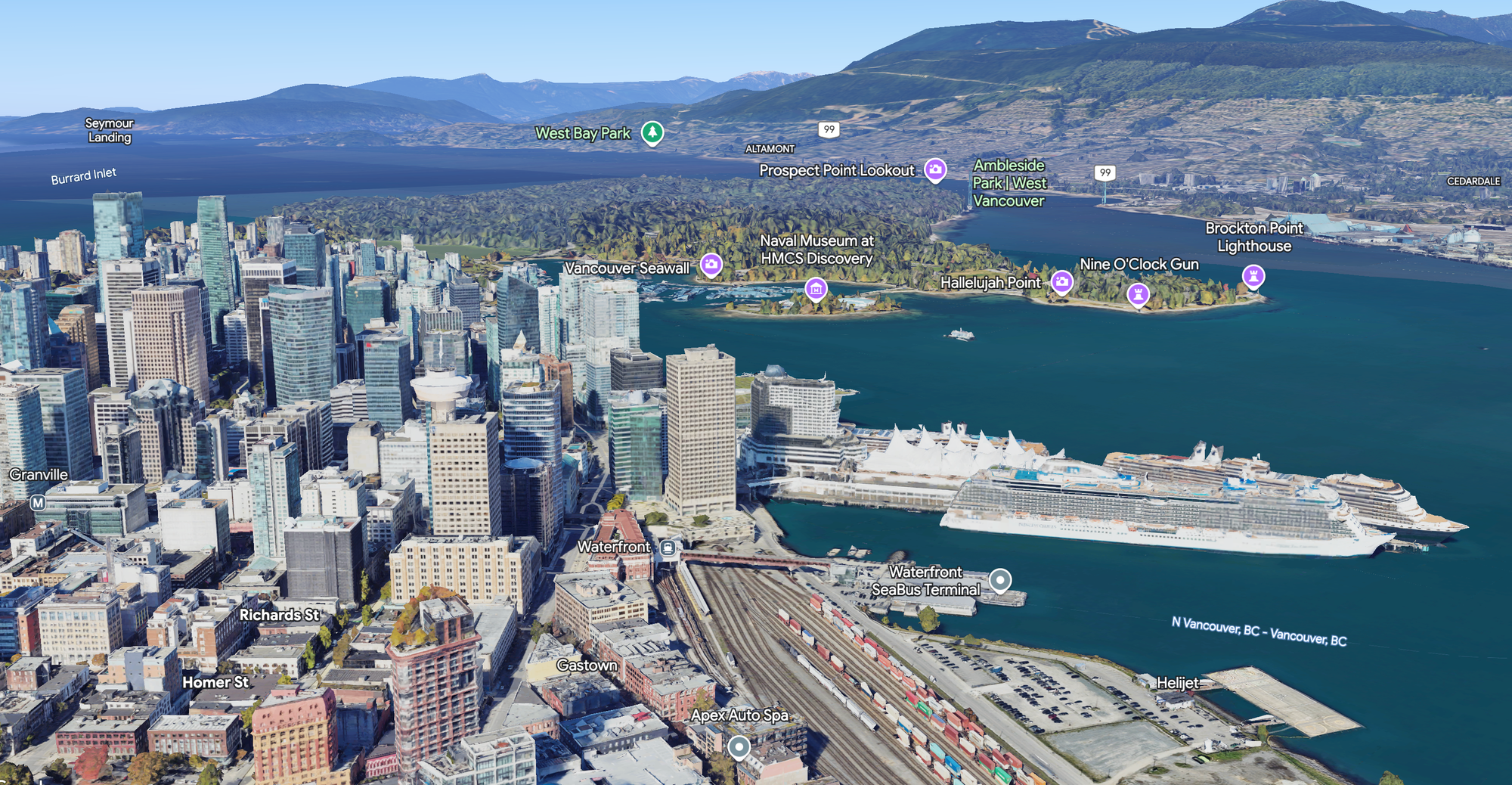 3D map view of Canada Place in Vancouver, Canada