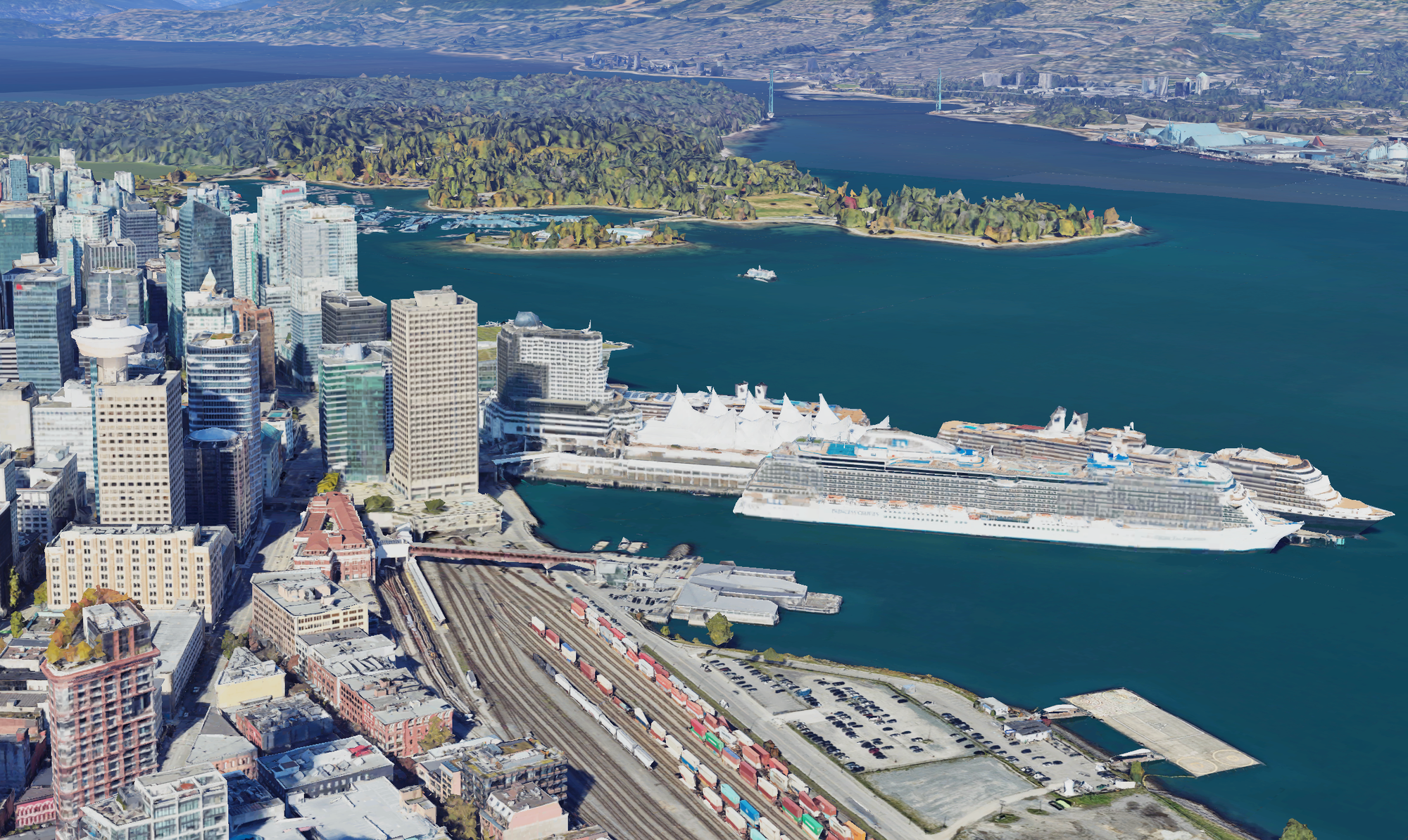 Canada place viewed at 80 degree tilt using the Photorealistic 3D Tiles API