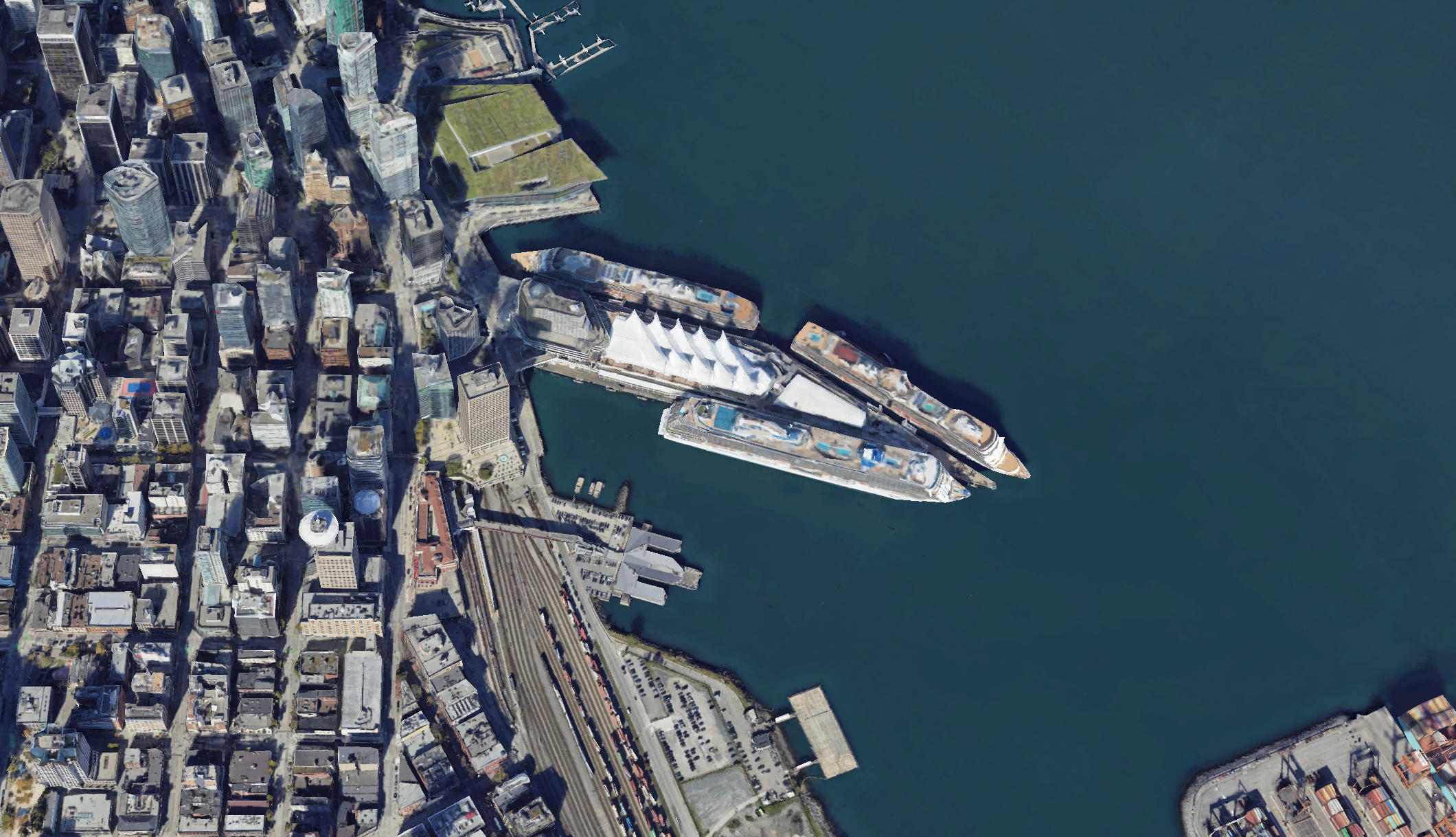 Canada place viewed at 15 degree tilt using the Photorealistic 3D Tiles API