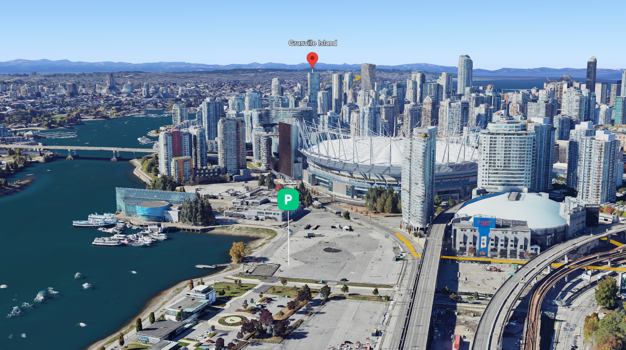 Green P SVG marker set on a parking lot in False Creek, Vancouver