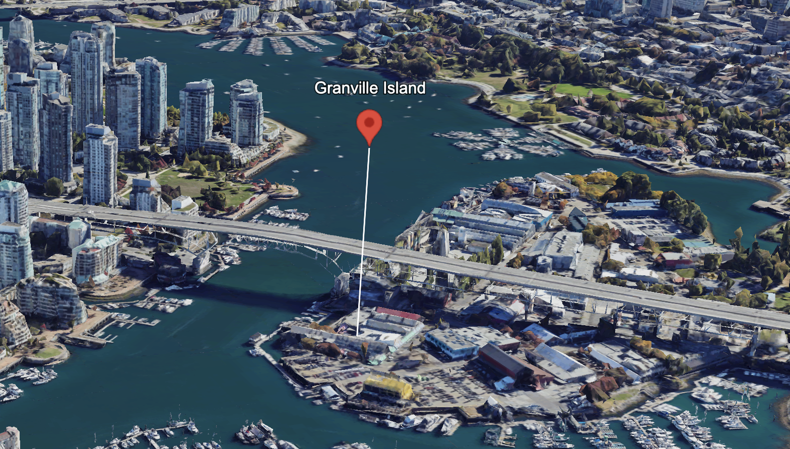 Simple red map marker with extruded set to true placed on Granville Island, Vancouver